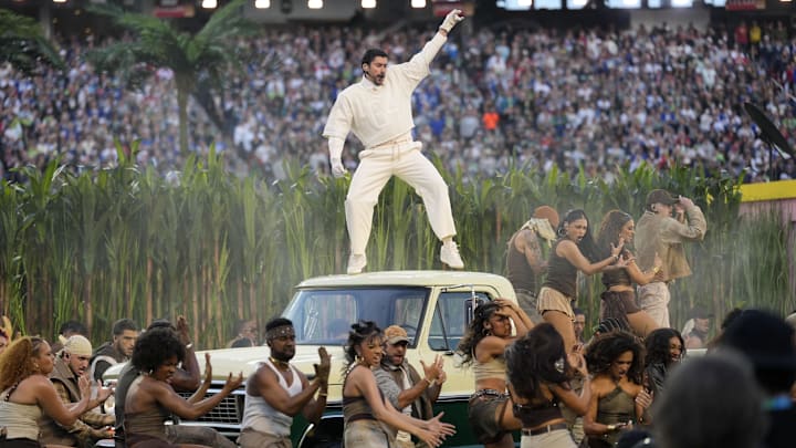 Feb 8, 2026; Santa Clara, CA, USA; Bad Bunny performs during the halftime show in Super Bowl LX between the Seattle Seahawks and the New England Patriots at Levi's Stadium. Mandatory Credit: Kyle Terada-Imagn Images