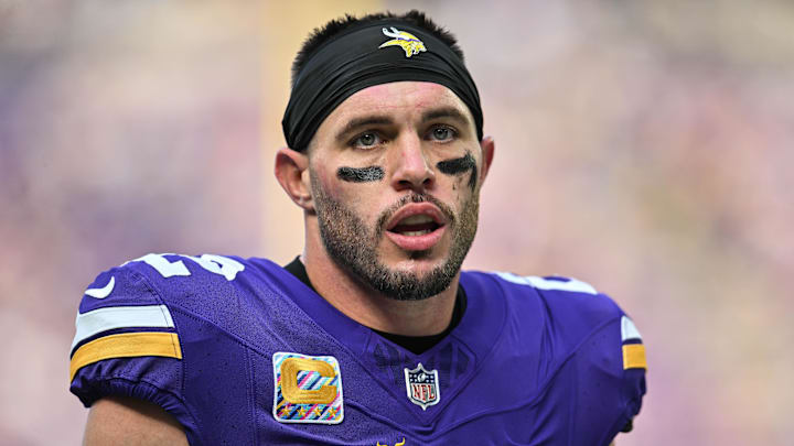 Oct 20, 2024; Minneapolis, Minnesota, USA; Minnesota Vikings safety Harrison Smith (22) looks on before the game against the Detroit Lions  at U.S. Bank Stadium.