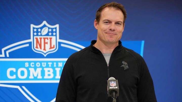 Feb 25, 2025; Indianapolis, IN, USA; Minnesota Vikings coach Kevin O'Connell speaks during the NFL Scouting Combine at the Indiana Convention Center.