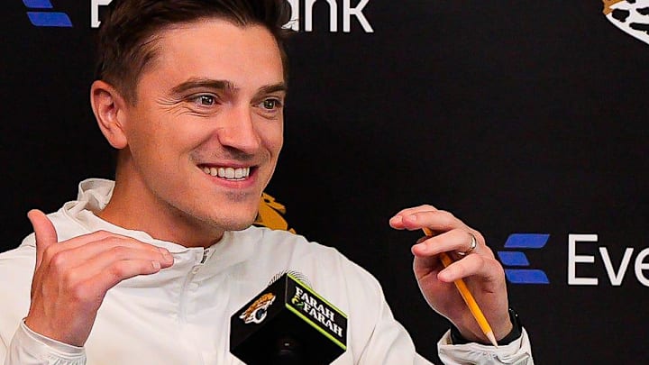 Jacksonville Jaguars General Manager James Gladstone talks about the process of making a list of who they want to draft and how that changes if another team picks their pick during the Jaguars’ annual pre-draft luncheon press conference in the media room at the Miller Electric Center Thursday April 9, 2026 in Jacksonville Fla. Jacksonville Jaguars General Manager James Gladstone talks about the process of making a list of who they want to draft and how that changes if another team picks their pick during the Jaguars’ annual pre-draft luncheon press conference in the media room at the Miller Electric Center Thursday April 9, 2026 in Jacksonville Fla.