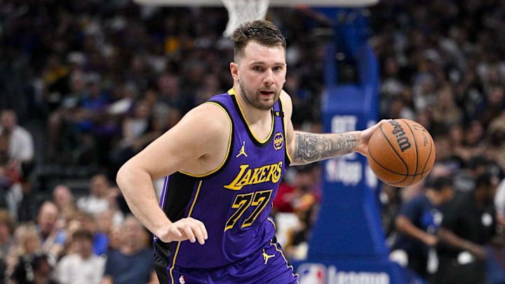 Apr 9, 2025; Dallas, Texas, USA; Los Angeles Lakers guard Luka Doncic (77) in action during the game between the Dallas Mavericks and the Los Angeles Lakers at American Airlines Center. Mandatory Credit: Jerome Miron-Imagn Images