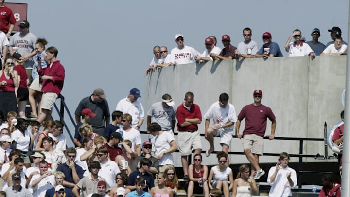 General view of fans as they watch the game 