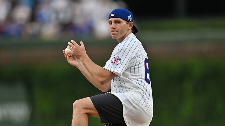 Aug 18, 2026; Chicago, Illinois, USA; Chicago Blackhawks player Patrick Kane throws out a ceremonial first pitch prior to a game between the Chicago Cubs and the Chicago White Sox at Wrigley Field. Mandatory Credit: Patrick Gorski-Imagn Images