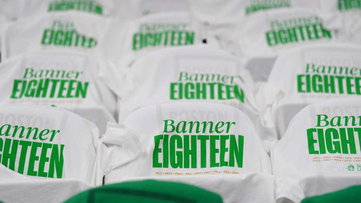 T-shirts on TD Garden chairs before the Boston Celtics' championship ring ceremony. 