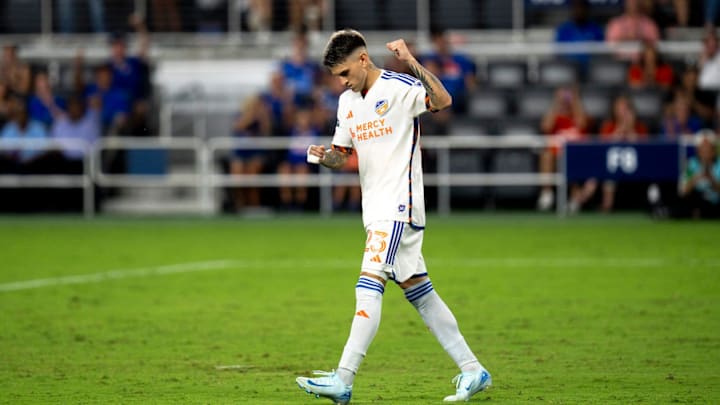 FC Cincinnati forward Luca Orellano (23) reacts to scoring a penalty kick after regulation of the Leagues Cup match at TQL Stadium in Cincinnati on Friday, Aug. 9, 2024. FC Cincinnati defeated Santos Laguna in penalty kicks.