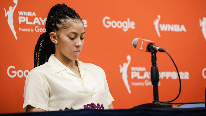 Candace Parker (3, Chicago Sky) sits at the press table on September 7, 2022.