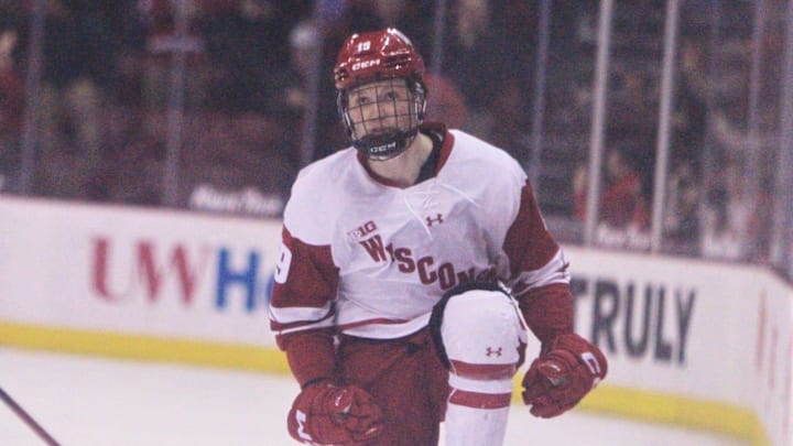 Wisconsins's Quinn Finley celebrates after scoring the game-winning goal in a 6-5 overtime victory over Notre Dame Friday Feb. 6, 2026 at the Kohl Center in Madison, Wis.