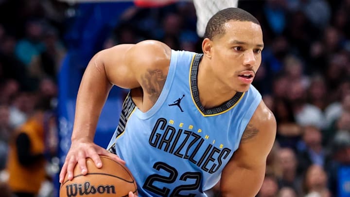 Dec 1, 2023; Dallas, Texas, USA; Memphis Grizzlies guard Desmond Bane (22) looks to pass during the second half against the Dallas Mavericks at American Airlines Center. Mandatory Credit: Kevin Jairaj-Imagn Images Dec 1, 2023; Dallas, Texas, USA; Memphis Grizzlies guard Desmond Bane (22) looks to pass during the second half against the Dallas Mavericks at American Airlines Center. Mandatory Credit: Kevin Jairaj-Imagn Images