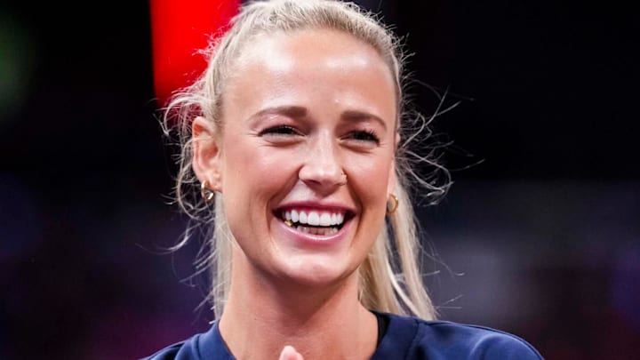 Indiana Fever guard Sophie Cunningham (8) claps Saturday, May 17, 2025, during a game between the Indiana Fever and the Chicago Sky at Gainbridge Fieldhouse in Indianapolis. The Indiana Fever defeated the Chicago Sky, 93-58.