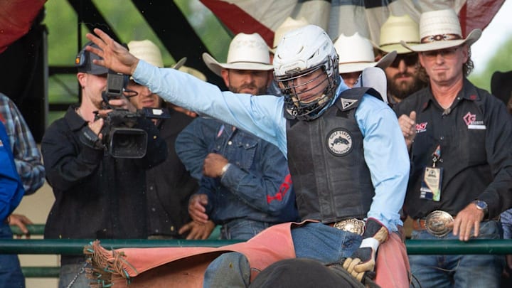 Jace Trosclair rides Wild Wings in the Xtreme Bull Riding Tour during the Reno Rodeo on Thursday, June 20, 2024 at the Reno Livestock Event Center Outdoor Arena in Reno, NV.