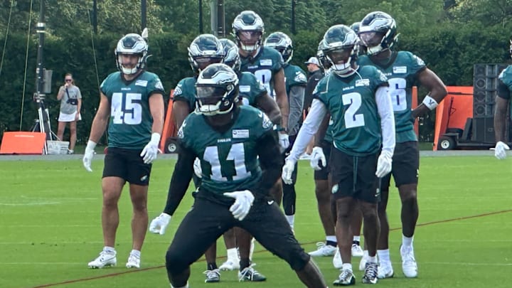 A.J. Brown leads the Eagles WRs during drills this spring. A.J. Brown leads the Eagles WRs during drills this spring.