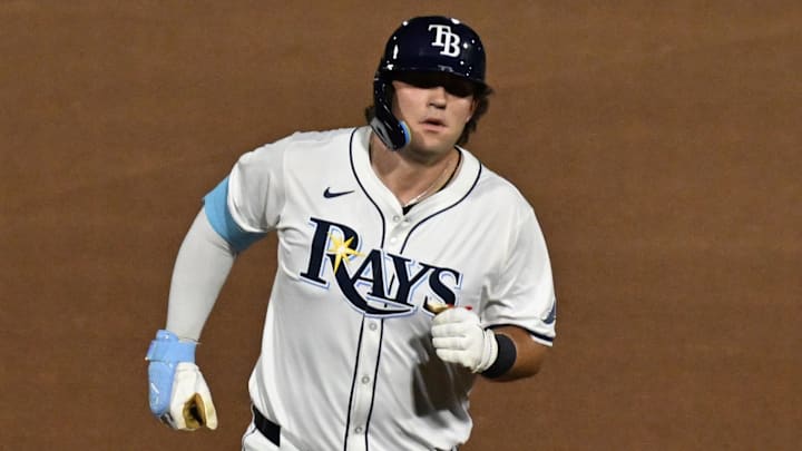 Tampa Bay Rays first baseman Bob Seymour (41) rounds the bases after hitting his first career home run on Wednesday night. Tampa Bay Rays first baseman Bob Seymour (41) rounds the bases after hitting his first career home run on Wednesday night.