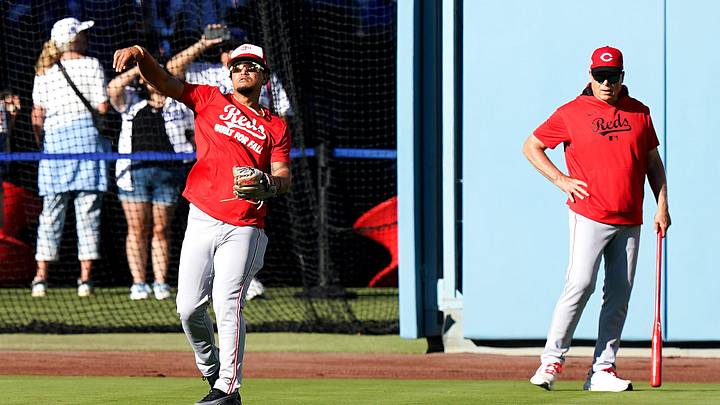 Cincinnati Reds third baseman Noelvi Marte (16) warms-up ahead of the MLB National League Wild Card Game 2 between the Cincinnati Reds and LA Dodgers, Wednesday, Oct. 1, 2025, at Dodger Stadium in Los Angeles, California.