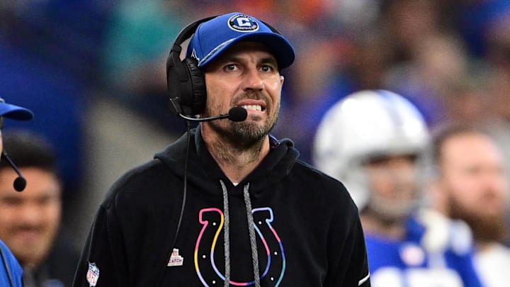 Indianapolis Colts head coach Shane Steichen reacts on the sidelines during the second half against the Miami Dolphins at Lucas Oil Stadium.