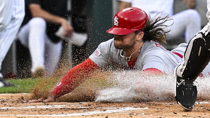 Jun 17, 2025; Chicago, Illinois, USA;  St. Louis Cardinals second baseman Brendan Donovan (33) scores during the second inning against the Chicago White Sox at Rate Field. Mandatory Credit: Matt Marton-Imagn Images