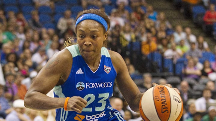 June 21, 2012; Minneapolis, MN, USA: New York guard Cappie Pondexter (23) drives to the basket in the first half against the Minnesota Lynx  at Target Center. Mandatory Credit: Jesse Johnson-Imagn Images