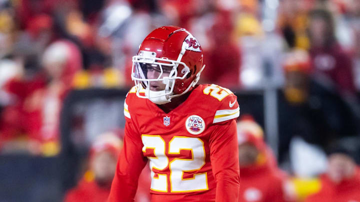Jan 26, 2025; Kansas City, MO, USA; Kansas City Chiefs cornerback Trent McDuffie (22) against the Buffalo Bills in the AFC Championship game at GEHA Field at Arrowhead Stadium. Mandatory Credit: Mark J. Rebilas-Imagn Images Jan 26, 2025; Kansas City, MO, USA; Kansas City Chiefs cornerback Trent McDuffie (22) against the Buffalo Bills in the AFC Championship game at GEHA Field at Arrowhead Stadium. Mandatory Credit: Mark J. Rebilas-Imagn Images