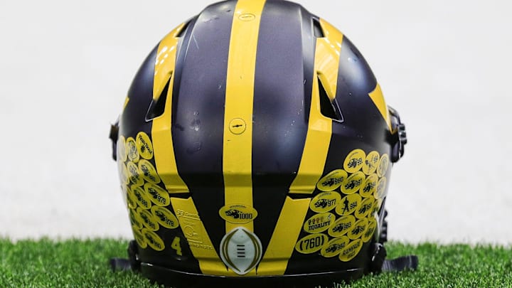 A Michigan football helmet on the sideline during open practice at NRG Stadium in Houston, Texas on Saturday, Jan. 6, 2024.