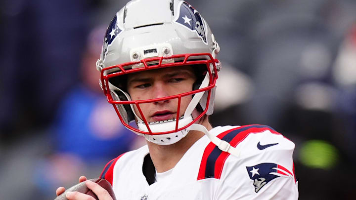 Jan 25, 2026; Denver, CO, USA; New England Patriots quarterback Drake Maye (10) practices before the 2026 AFC Championship Game at Empower Field at Mile High.
