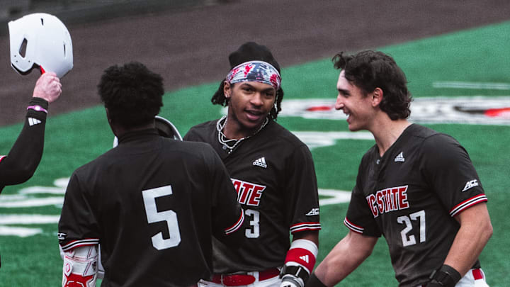 NC State outfielder Andrew Wiggins celebrates a home run at home plate in the Wolfpack's 17-4 win over Sacred Heart on Friday, Feb. 27, 2026. 