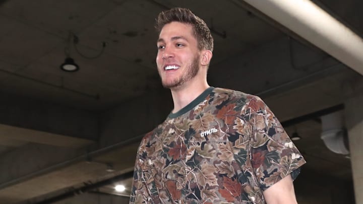 May 18, 2019; Portland, OR, USA; Portland Trail Blazers forward Meyers Leonard (11) enters Moda Center to play Golden State Warriors in game three of the Western conference finals of the 2019 NBA Playoffs at Moda Center. Mandatory Credit: Jaime Valdez-Imagn Images