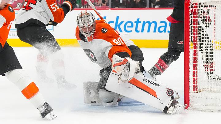 May 4, 2026; Raleigh, North Carolina, USA; Philadelphia Flyers goaltender Dan Vladar (80) makes a save against the Carolina Hurricanes during the third period in game two of the second round of the 2026 Stanley Cup Playoffs at Lenovo Center. Mandatory Credit: James Guillory-Imagn Images May 4, 2026; Raleigh, North Carolina, USA; Philadelphia Flyers goaltender Dan Vladar (80) makes a save against the Carolina Hurricanes during the third period in game two of the second round of the 2026 Stanley Cup Playoffs at Lenovo Center. Mandatory Credit: James Guillory-Imagn Images