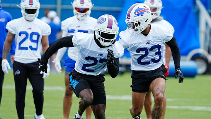 Buffalo Bills Tre’Davious White and Dane Jackson race during a drill at the practice facility on May 27, 2025.