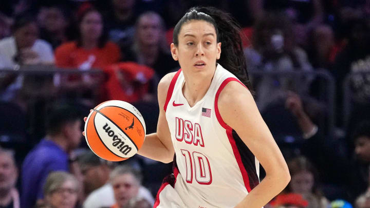 Team USA forward Breanna Stewart (10) dribbles up the court against the WNBA Team during the WNBA All-Star Game in Phoenix on July 20, 2024. Team USA forward Breanna Stewart (10) dribbles up the court against the WNBA Team during the WNBA All-Star Game in Phoenix on July 20, 2024.