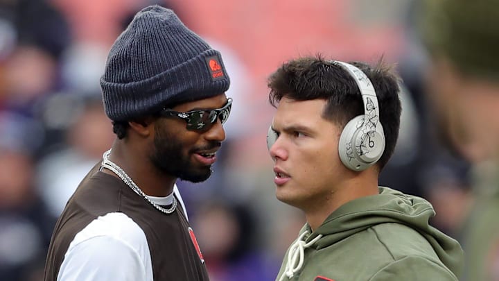 Browns quarterbacks Shedeur Sanders and Dillon Gabriel talk before a game, Nov. 16, 2025. Browns quarterbacks Shedeur Sanders and Dillon Gabriel talk before a game, Nov. 16, 2025.
