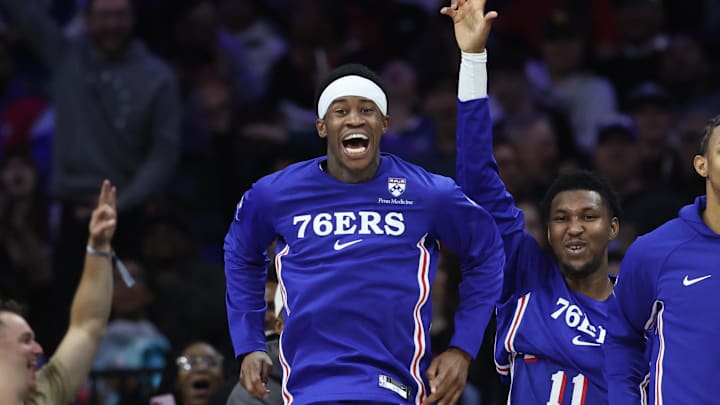 Mar 25, 2026; Philadelphia, Pennsylvania, USA; Philadelphia 76ers guard Vj Edgecombe reacts to a Paul George (not pictured) three pointer against the Chicago Bulls during the fourth quarter at Xfinity Mobile Arena. Mandatory Credit: Bill Streicher-Imagn Images