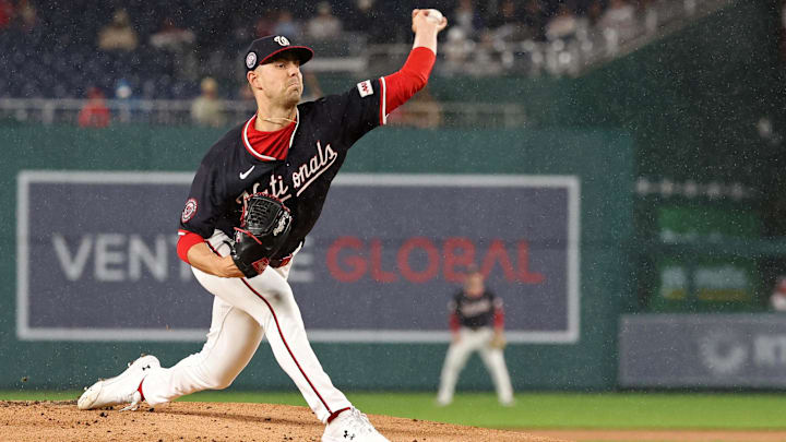 Sep 16, 2025; Washington, District of Columbia, USA; Washington Nationals starting pitcher MacKenzie Gore (1) pitches against the Atlanta Braves during the first inning at Nationals Park. Mandatory Credit: Geoff Burke-Imagn Images