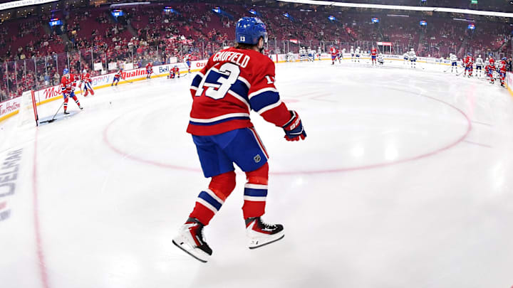 Apr 9, 2026; Montreal, Quebec, CAN; Montreal Canadiens forward Cole Caufield (13) skates during the warmup before the game against the Tampa Bay Lightning at the Bell Centre. Mandatory Credit: Eric Bolte-Imagn Images