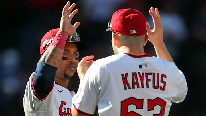 Cleveland Guardians third baseman Jose Ramirez (11) celebrates with Cleveland Guardians first baseman CJ Kayfus (63) after Game 2 of the American League wild card series at Progressive Field, Oct. 1, 2025, in Cleveland, Ohio.
