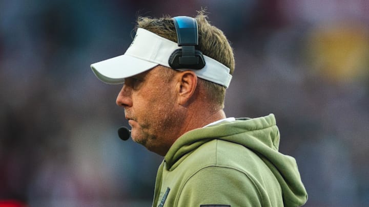 Nov 30, 2024; Tuscaloosa, Alabama, USA; Auburn Tigers head coach Hugh Freeze walks toward the sideline during the second quarter against the Alabama Crimson Tide at Bryant-Denny Stadium. Mandatory Credit: Will McLelland-Imagn Images
