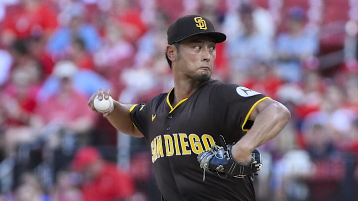 Padres starting pitcher Yu Darvish (11) pitches against the St. Louis Cardinals during the first inning Thursday at Busch Stadium.