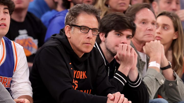 May 19, 2024; New York, New York, USA; American actor Ben Stiller sits court side during the second quarter of game seven of the second round of the 2024 NBA playoffs against the Indiana Pacers at Madison Square Garden. Mandatory Credit: Brad Penner-Imagn Images