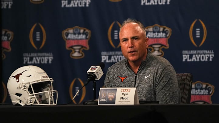 Texas Longhorns offensive coordinator Kyle Flood speaks to media at the Sheraton Hotel on Friday, Dec. 29, 2023 in New Orleans, Louisiana. The Texas Longhorns will face the Washington Huskies in the Sugar Bowl on January 1, 2024. Texas Longhorns offensive coordinator Kyle Flood speaks to media at the Sheraton Hotel on Friday, Dec. 29, 2023 in New Orleans, Louisiana. The Texas Longhorns will face the Washington Huskies in the Sugar Bowl on January 1, 2024.