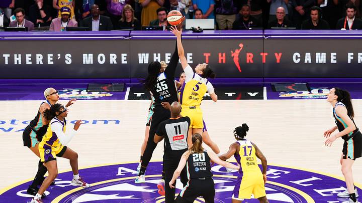 Jun 21, 2026; Los Angeles, California, USA; New York Liberty center Jonquel Jones (35) and Los Angeles Sparks forward Dearica Hamby (5) tip-off at Crypto.com Arena. Mandatory Credit: William Navarro-Imagn Images Jun 21, 2026; Los Angeles, California, USA; New York Liberty center Jonquel Jones (35) and Los Angeles Sparks forward Dearica Hamby (5) tip-off at Crypto.com Arena. Mandatory Credit: William Navarro-Imagn Images