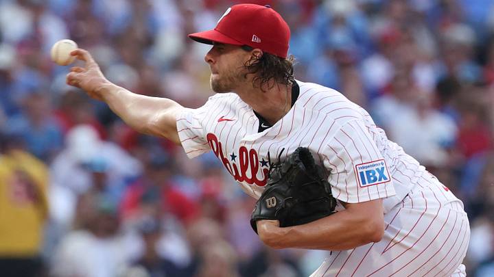 Aug 8, 2026; Philadelphia, Pennsylvania, USA; Philadelphia Phillies pitcher Aaron Nola (27) throws a pitch against the Toronto Blue Jays during the second inning at Citizens Bank Park. Mandatory Credit: Bill Streicher-Imagn Images Aug 8, 2026; Philadelphia, Pennsylvania, USA; Philadelphia Phillies pitcher Aaron Nola (27) throws a pitch against the Toronto Blue Jays during the second inning at Citizens Bank Park. Mandatory Credit: Bill Streicher-Imagn Images