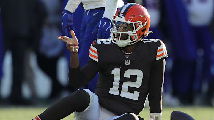 Cleveland Browns quarterback Shedeur Sanders (12) signals a first down during the second half of an NFL football game at Huntington Bank Field, Dec. 21, 2025, in Cleveland, Ohio.