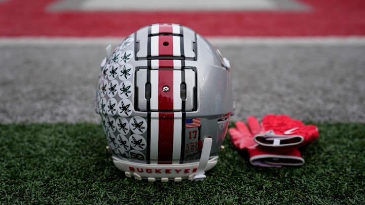 An Ohio State Buckeyes helmet sits on the sideline prior to the NCAA football game against the Indiana Hoosiers at Ohio Stadium in Columbus on Saturday, Nov. 23, 2024.