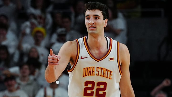 Iowa State Cyclones forward Milan Momcilovic (22) reacts after a three-point shot against Baylor during the first half in the Big-12 men’s basketball on Feb. 7, 2026, at Hilton Coliseum in Ames, Iowa