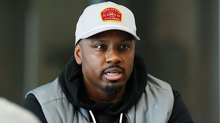 Iowa State defensive line coach Jalon Bibbs talks to media during the football defensive coaches media opportunity at the university’s Stark Performance Center on Feb. 13, 2026, in Ames, Iowa. Iowa State defensive line coach Jalon Bibbs talks to media during the football defensive coaches media opportunity at the university’s Stark Performance Center on Feb. 13, 2026, in Ames, Iowa.