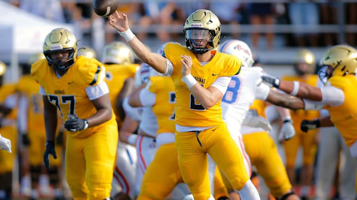 St. Thomas Aquinas QB Andrew Indorf found Julius Jones Jr. for a 54-yard TD against Bishop Gorman. Indorf leads the Raiders into the state title game against Lakeland on Thursday.