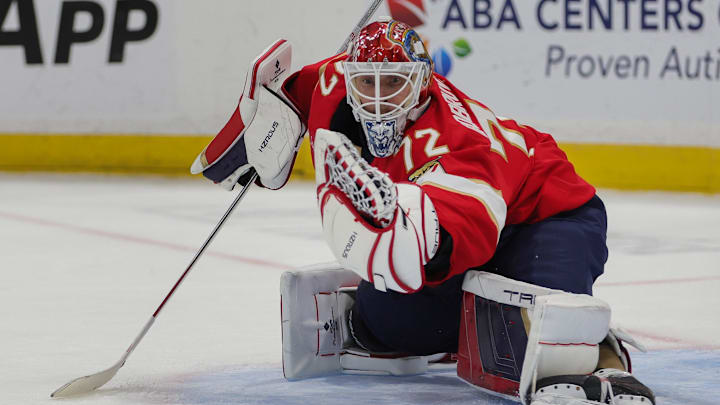 Oct 17, 2024; Sunrise, Florida, USA; Florida Panthers goaltender Sergei Bobrovsky (72) makes a save against the Vancouver Canucks during the second period at Amerant Bank Arena. Mandatory Credit: Sam Navarro-Imagn Images Oct 17, 2024; Sunrise, Florida, USA; Florida Panthers goaltender Sergei Bobrovsky (72) makes a save against the Vancouver Canucks during the second period at Amerant Bank Arena. Mandatory Credit: Sam Navarro-Imagn Images