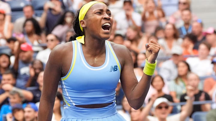 Sep 1, 2024; Flushing, NY, USA;
Coco Gauff (USA) aftrer a 3rd set game winner againstto Emma Navarro (USA) on day seven of the 2024 U.S. Open tennis tournament at USTA Billie Jean King National Tennis Center. Mandatory Credit: Robert Deutsch-Imagn Images