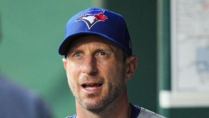 Sep 19, 2025; Kansas City, Missouri, USA; Toronto Blue Jays starting pitcher Max Scherzer (31) reacts after exiting the game during the first inning against the Kansas City Royals at Kauffman Stadium. Mandatory Credit: Jay Biggerstaff-Imagn Images Sep 19, 2025; Kansas City, Missouri, USA; Toronto Blue Jays starting pitcher Max Scherzer (31) reacts after exiting the game during the first inning against the Kansas City Royals at Kauffman Stadium. Mandatory Credit: Jay Biggerstaff-Imagn Images