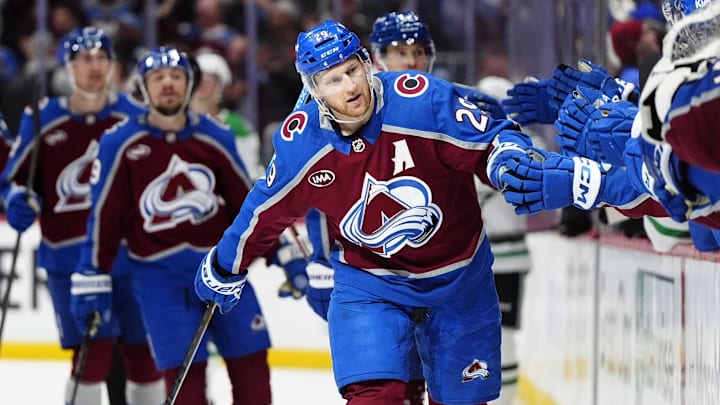 May 1, 2025; Denver, Colorado, USA; Colorado Avalanche center Nathan MacKinnon (29) celebrates his go ahead goal in the third period against the Dallas Stars in game six of the first round of the 2025 Stanley Cup Playoffs at Ball Arena. Mandatory Credit: Ron Chenoy-Imagn Images