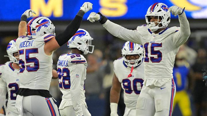 Oct. 12, 2026; Inglewood, California, USA; Buffalo Bills' EDGE rusher Greg Rousseau (15) celebrates with Bills' outside linebacker Michael Hoecht (55) after blocking a field goal during overtime against the Los Angeles Rams at SoFi Stadium. Oct. 12, 2026; Inglewood, California, USA; Buffalo Bills' EDGE rusher Greg Rousseau (15) celebrates with Bills' outside linebacker Michael Hoecht (55) after blocking a field goal during overtime against the Los Angeles Rams at SoFi Stadium.