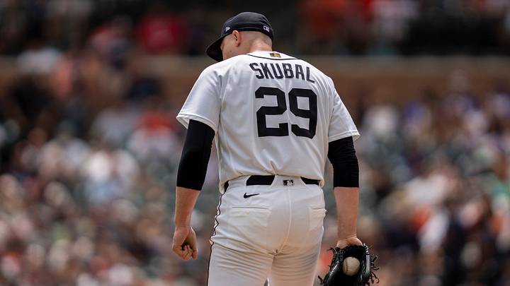 Detroit Tigers starting pitcher Tarik Skubal (29) stands on the mound against the Baltimore Orioles at Comerica Park in Detroit on Wednesday, July 29, 2026.